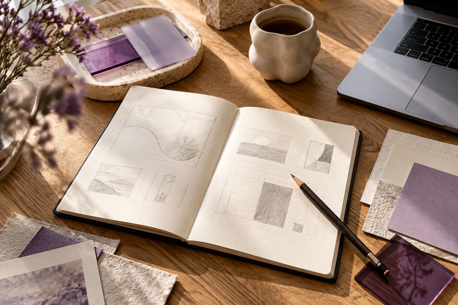 Symbolbild: Skizzenbuch mit ersten Layout-Ideen und Materialmustern